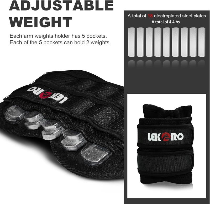 LEKÄRO Adjustable Ankle Weights & Wrist Weights for Women Men, 1 Pair Removable Weighted Plate Arm Leg Weights for Walking, Running, Pilates (2.2lb/4.4lb/6.6lb/11lb/22lb Total) - Image 4